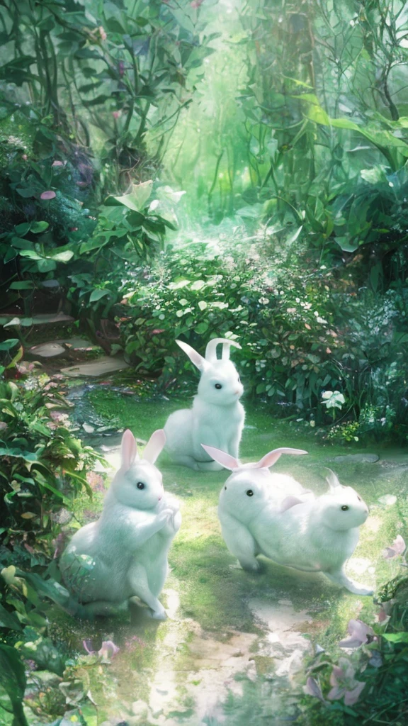 Beautiful white rabbit garden, Wonderland , cozy cottage, beautiful white rabbit, intricate floral details, fantasy, dreamlike, pastel colors, soft lighting, ethereal, (best quality,4k,8k,highres,masterpiece:1.2),ultra-detailed,(realistic,photorealistic,photo-realistic:1.37),HDR,studio lighting,vivid colors,cinematic