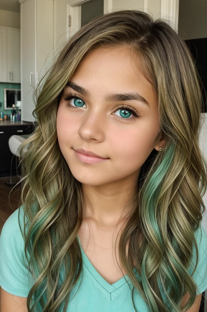 teenage girl with big brown eyes and short wavy blonde hair with aqua green tips