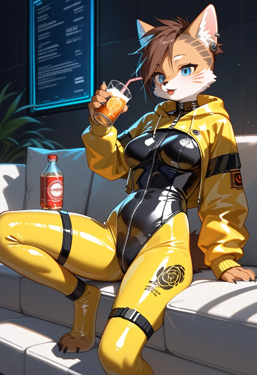 Highest quality, Highest quality, High quality illustrations, masterpiece, Ultra-high resolution, Detailed Background, room, Absurd, Perfect Anatomy, performance, Good lighting, Shadows in the movies(kemono, Furry PersonifiCation), Cat, Rubber Suit, latex, neon, neonライト, neonカラー, Bodysuits, Cyber Suit, cyber punk, Yellow Rubber Hoodie, Sit on the sofa, Drink a bottle, Earrings, Tattoo, Dynamic Angle