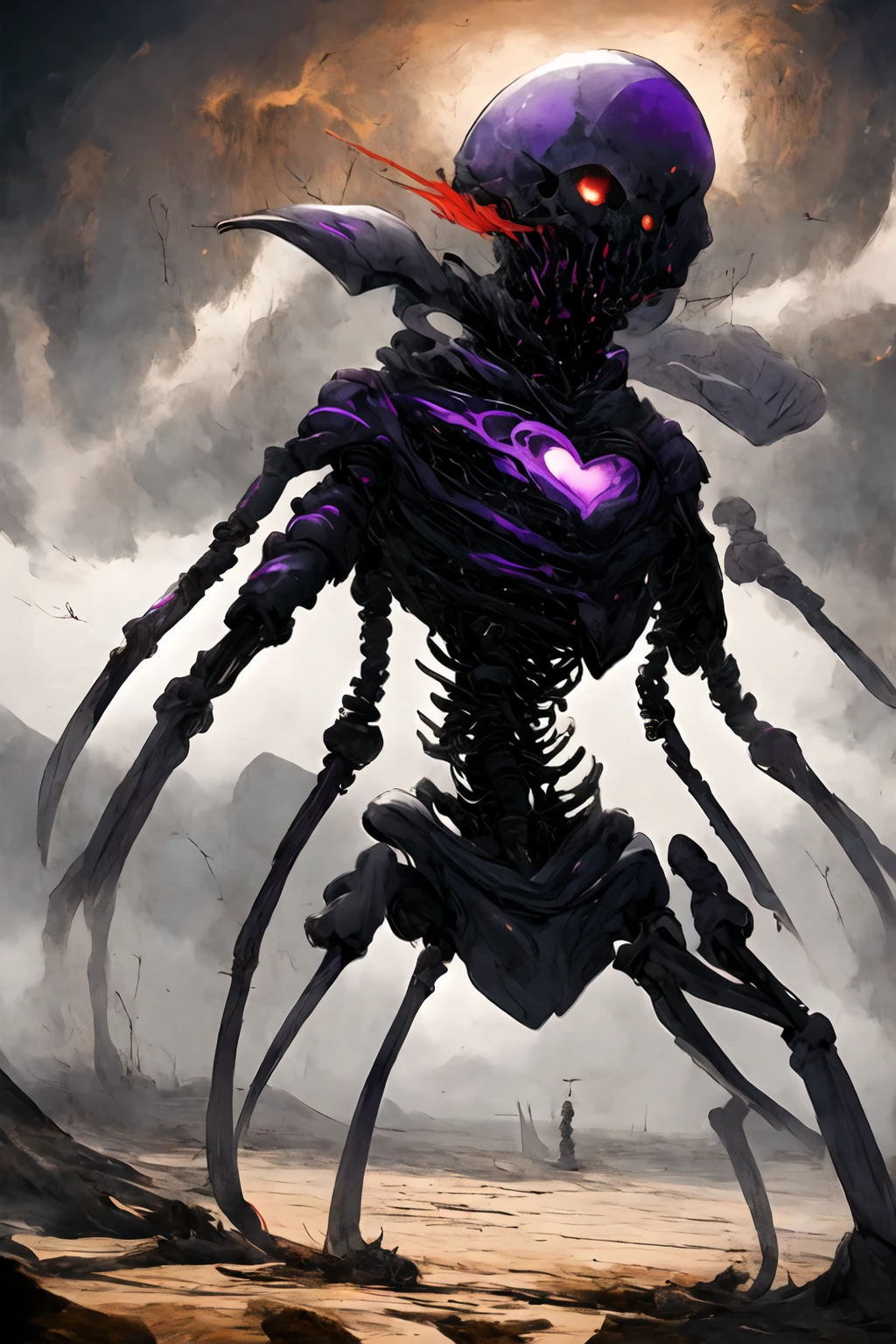 外見は黒いfog,Put on your armor,Modern Battle Suit(((detailed)))The shape is humanoid,Modern weapons(((detailed)))Eyes glowing red,The shape is made of glowing purple hearts..(((detailed)))The skeleton is human-like、Muscle fibers are visible.,fogのようなもので獲物を探す(((detailed)))Barren Land,dead tree,fog,Chaotic world(((detailed)))Battle Scenes,overwhelmingly strong,Highest quality。