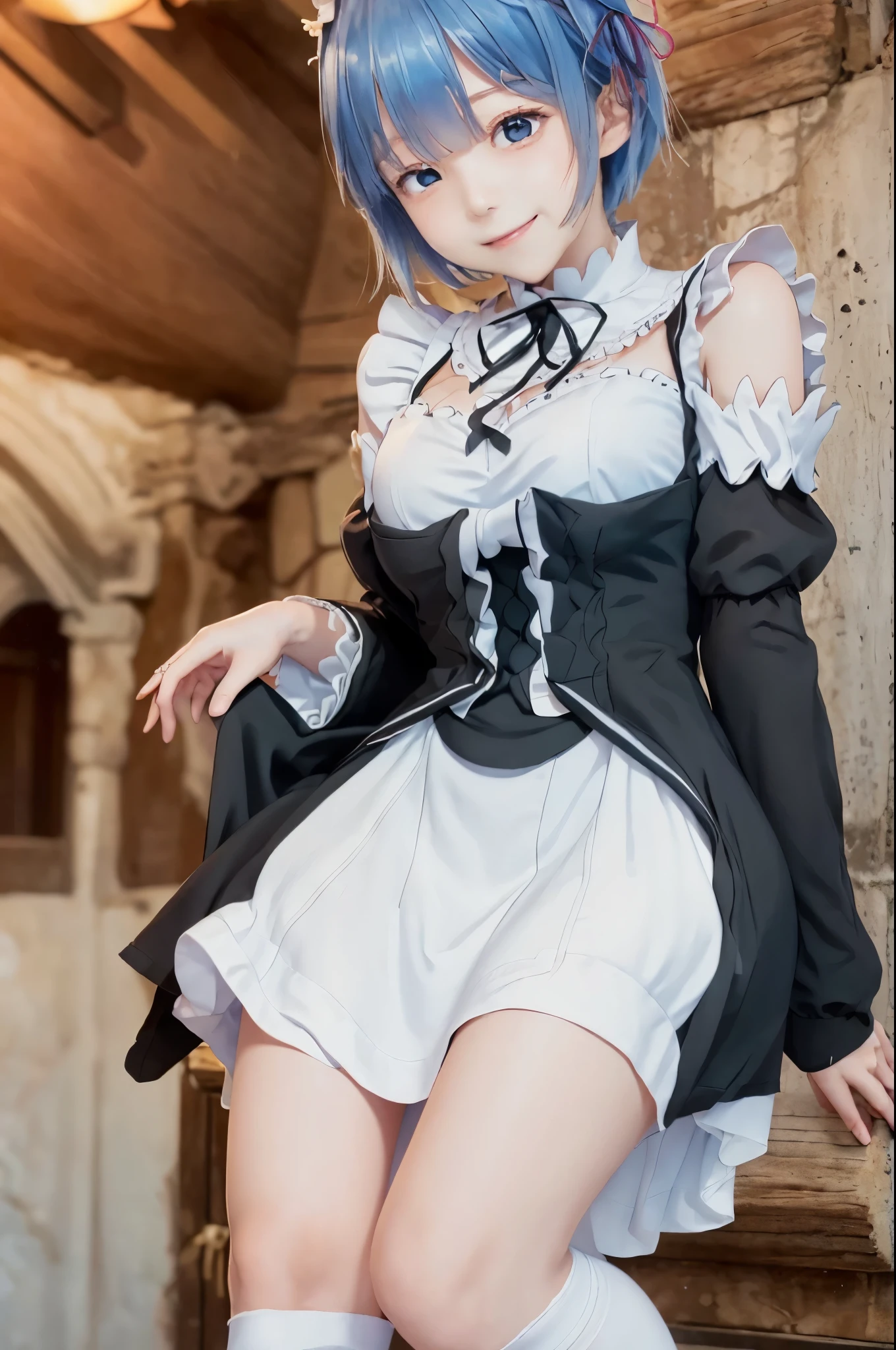 Blue hair, Short hair, Eye Cover), (Re:Staynight\), (Smile, blush, contempt), (castle), (masutepiece, precise, Best Quality, Best Quality, High resolution, Textured skin,)( anime shoujo, Beautiful High School Girl) (Skirt, medium breasts, thin legs, White knee-length socks), blush, ((maid clothes)), Dignified, Cock! 4 k, Cock! 4K, in dress, official artwork with high detail