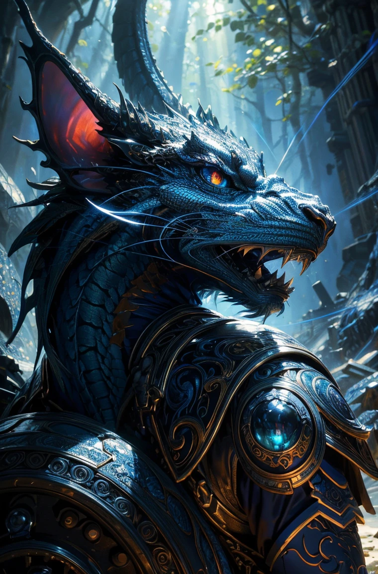 blue Dragon with mesmerizing feature masterpiece, top quality, best quality, official art, beautiful and aesthetic:1.2), (1dragon), extreme detailed,(fractal art:1.3), colorful, highest detailed, (masterpiece, best quality:1.3) 1 bright-amber, blue, green cat like-eyes, professional digital painting, Unreal Engine 5. playful teasing expression, finely detailed eyes, happy mood, epic scene, epic composition, Cinematic Lighting, Volumetric Lighting, ethereal light, intricate details, extremely detailed volumetric rays. oil painting, Detailed facial features, Sunlight, bright colors, dramatic lighting, expressive eyes, High Resolution, 4K quality, Photorealistic