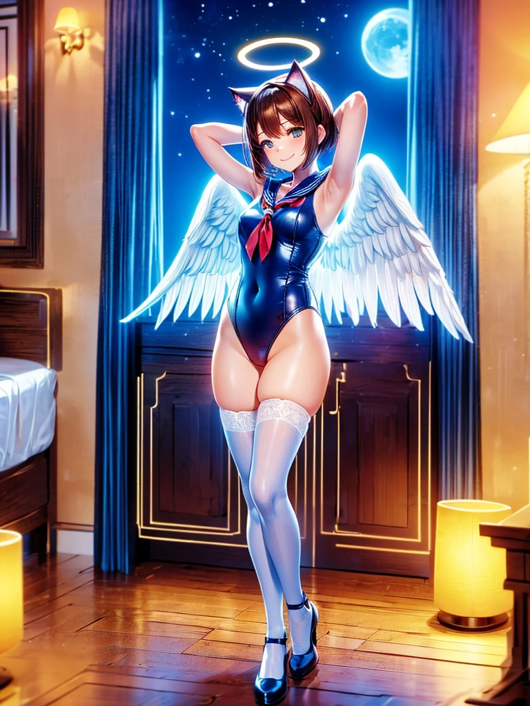 Highest quality,Highest Resolution,Smiling cat-eared girl in sailor leotard,White angel wings on your back,Halo,High leg,Knee-high stockings,front,whole body,Standing posture,up,Very beautiful eyes,(((Place your hands behind your head.))),Bedroom,Night view outside the window,Brown hair short bob,Red tie,