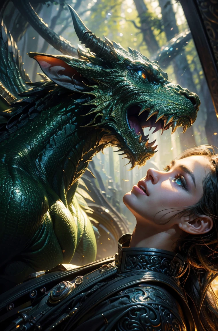 cute green Dragon with mesmerizing feature masterpiece, top quality, best quality, official art, beautiful and aesthetic:1.2), (1dragon), extreme detailed,(fractal art:1.3), colorful, highest detailed, (masterpiece, best quality:1.3) 1 bright-amber, blue, green cat like-eyes, professional digital painting, Unreal Engine 5. playful teasing expression, finely detailed eyes, happy mood, epic scene, epic composition, Cinematic Lighting, Volumetric Lighting, ethereal light, intricate details, extremely detailed volumetric rays. oil painting, Detailed facial features, Sunlight, bright colors, dramatic lighting, expressive eyes, High Resolution, 4K quality, Photorealistic
