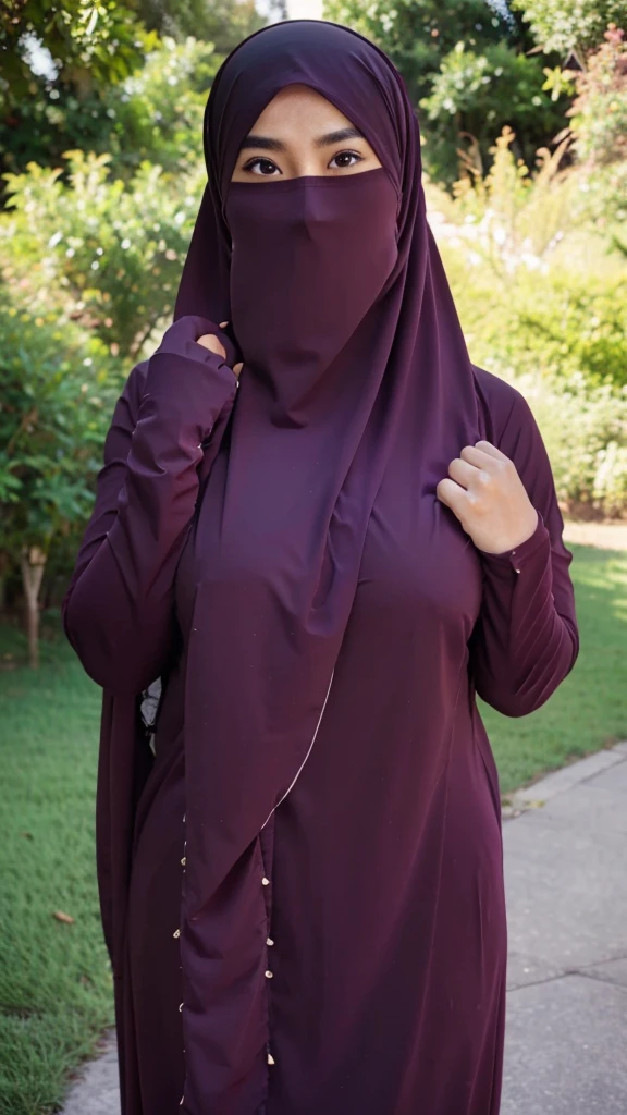 A beautiful Asian girl in a long hijab with tight and clearly visible breasts, With dark colored clothes, was raising both hands , and good quality images