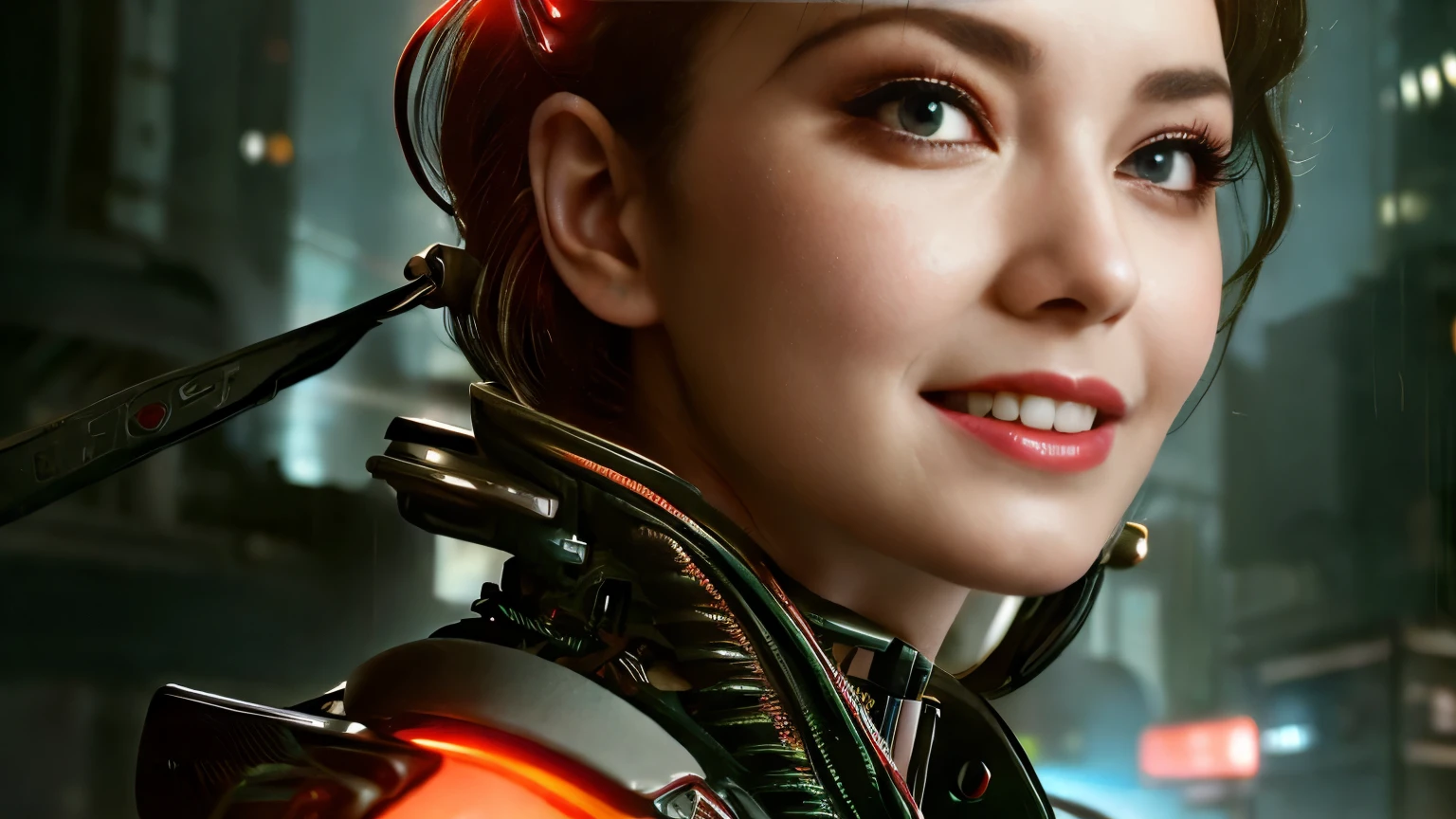 big eyes, proportional lips, red iris, female android, short green tied hair, , villain, she is coming to you, up close, china town, lightning, bright eyes, wearing a cyber clothes, wires, leds, (up close:1.3) blade runner, grin, upper body, large breast, very detailed eyes, melissa sue anderson