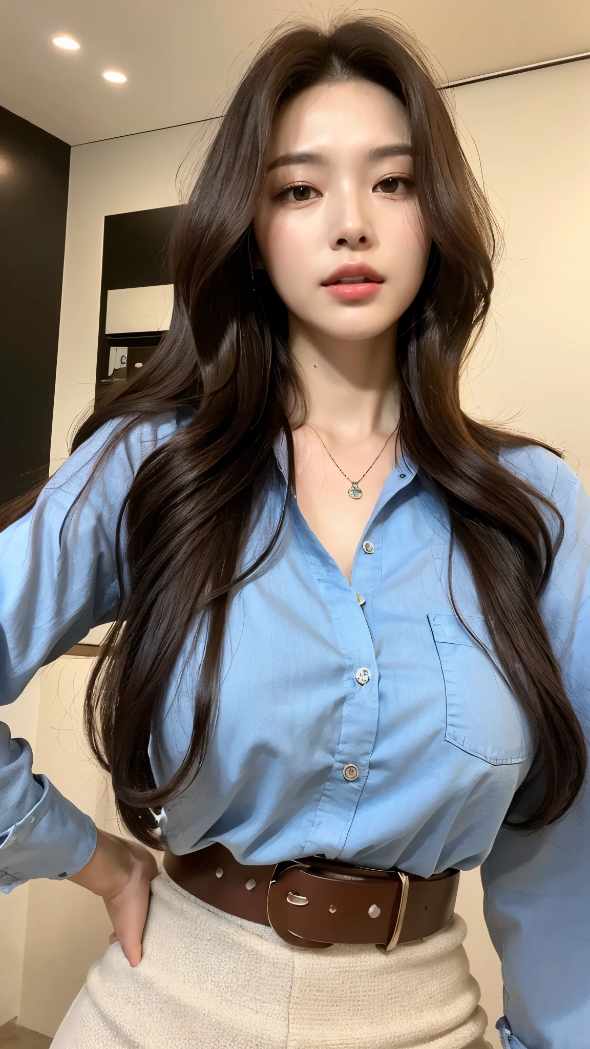 (best quality, high resolution, masterpiece :1.3), tall and pretty girl, slim abs, Dark brown hair with loose wave style, chest, wearing pendants, white button-up shirt, belt, black skirt, (modern architecture on background), Delicately expressed details, face, Including skin texture, detailed eyes, double eyelid