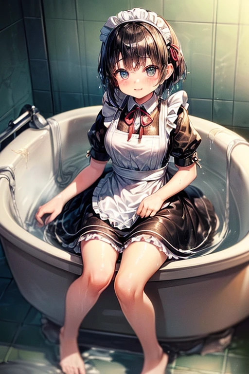 (Ultra high quality:1.6), (Highest quality:1.4), (Attention to detail:1.4), (Ultra-high resolution:1.6), (Detailed face), (Detailed eyes), Sparkling eyes, Bright Face, Looks fun, cute, The best smile, Best Anatomy, (Maid clothes, White apron, Headband, Black Dress, ribbon, Maid clothes, Classic, Long:1.4), (白と黒のMaid clothes), お風呂に入るMaid clothes, (Bathing fully clothed:1.6), (Soaked from head to toe:1.6), Maid sunk up to her shoulders, natural, Submersion, Bathtub, Luxurious bathtub, Soak up to the shoulders, Would you like to join us?