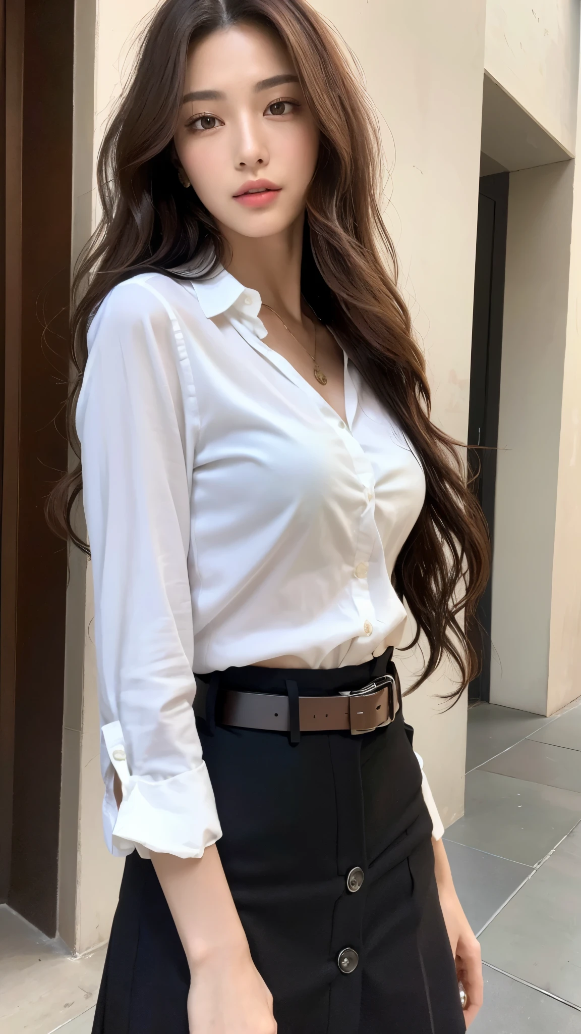 (best quality, high resolution, masterpiece :1.3), tall and pretty girl, slim abs, Dark brown hair with loose wave style, chest, wearing pendants, white button-up shirt, belt, black skirt, (modern architecture on background), Delicately expressed details, face, Including skin texture, detailed eyes, double eyelid