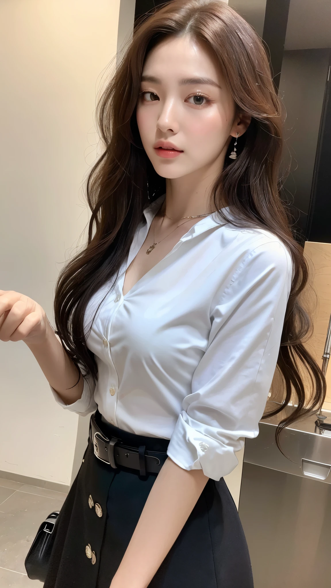 (best quality, high resolution, masterpiece :1.3), tall and pretty girl, slim abs, Dark brown hair with loose wave style, chest, wearing pendants, white button-up shirt, belt, black skirt, (modern architecture on background), Delicately expressed details, face, Including skin texture, detailed eyes, double eyelid