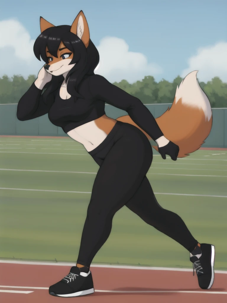 Furry, fox, smile, black leggings, white shirt, jogging, solo, park
