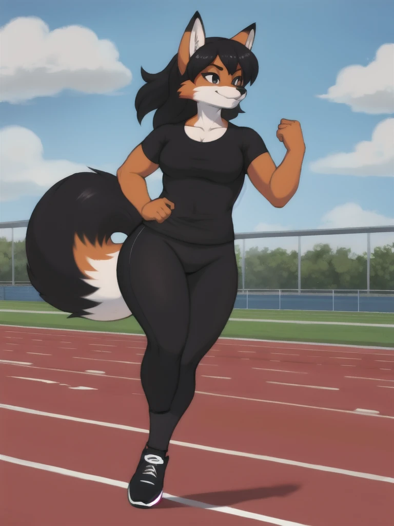 Furry, fox, female, black shirt, black leggings, shoes, running track, solo, full body