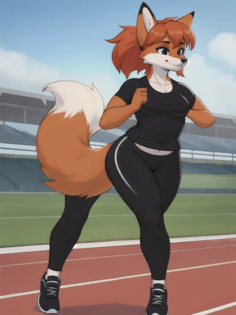 Furry, fox, female, black shirt, black leggings, shoes, running track, solo, full body