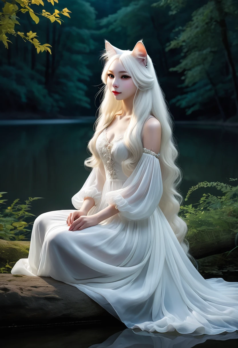 Realistic portrait of a dressed animal - beautiful anthropomorphic long-haired white cat, Humanoid cats、White long hair、青いMelancholyな瞳、Long white hair fluttering down her back、Sitting by the lake at night in a mysterious forest wearing a white chiffon long dress、A cat&#39;s reflection on the lake surface、The fantastic light of fireflies flying over the water、Highly detailed decorations,, (Melancholy),Golden Hour、Backlight、Dramatic Light(Full body image:1.5)