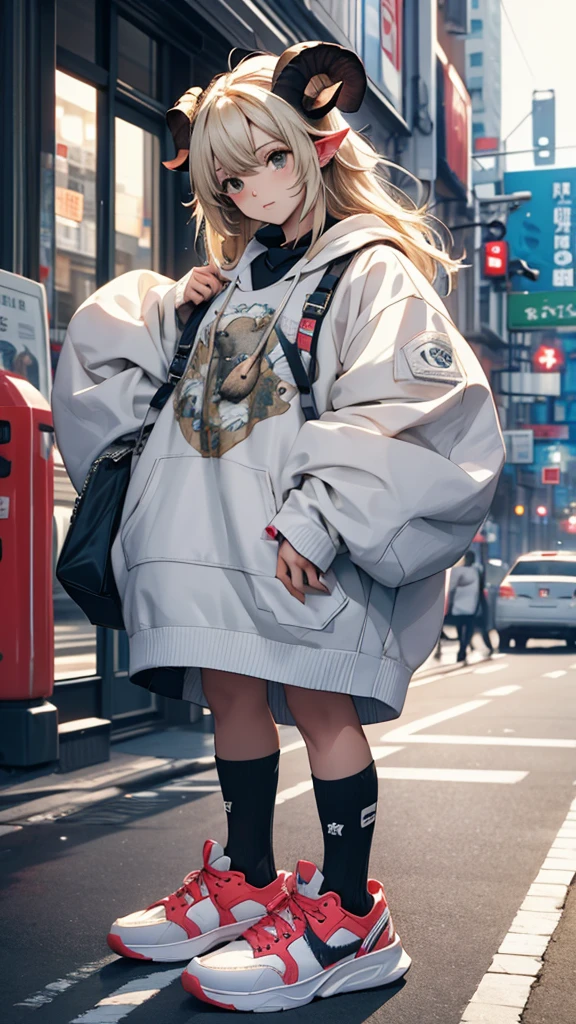 Sheep themed characters, Wearing big sneakers, サイバーパンク, Ram's horn, Keep the background simple, cloud hair, light smile, closed eyes, Plain background, Magazine Cover, ピンクのイメージカラー, ピンク, projected inset, UHD, highres, best quality, 8k