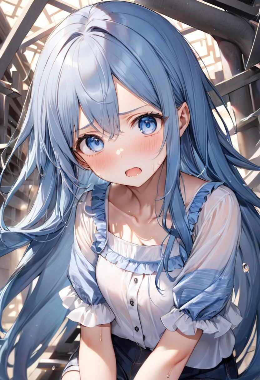 (Maze of Chaos style), (Be confused), (soro:2, 15 yo, forehead blue hair long hair cute girl, lovely blue eyes, confused face, sweaty skin), in a summer Neat blouse, BREAK, perfect anatomy, masterpiece, best quality, 16k, beautiful detailed fear, daydreaming expression.