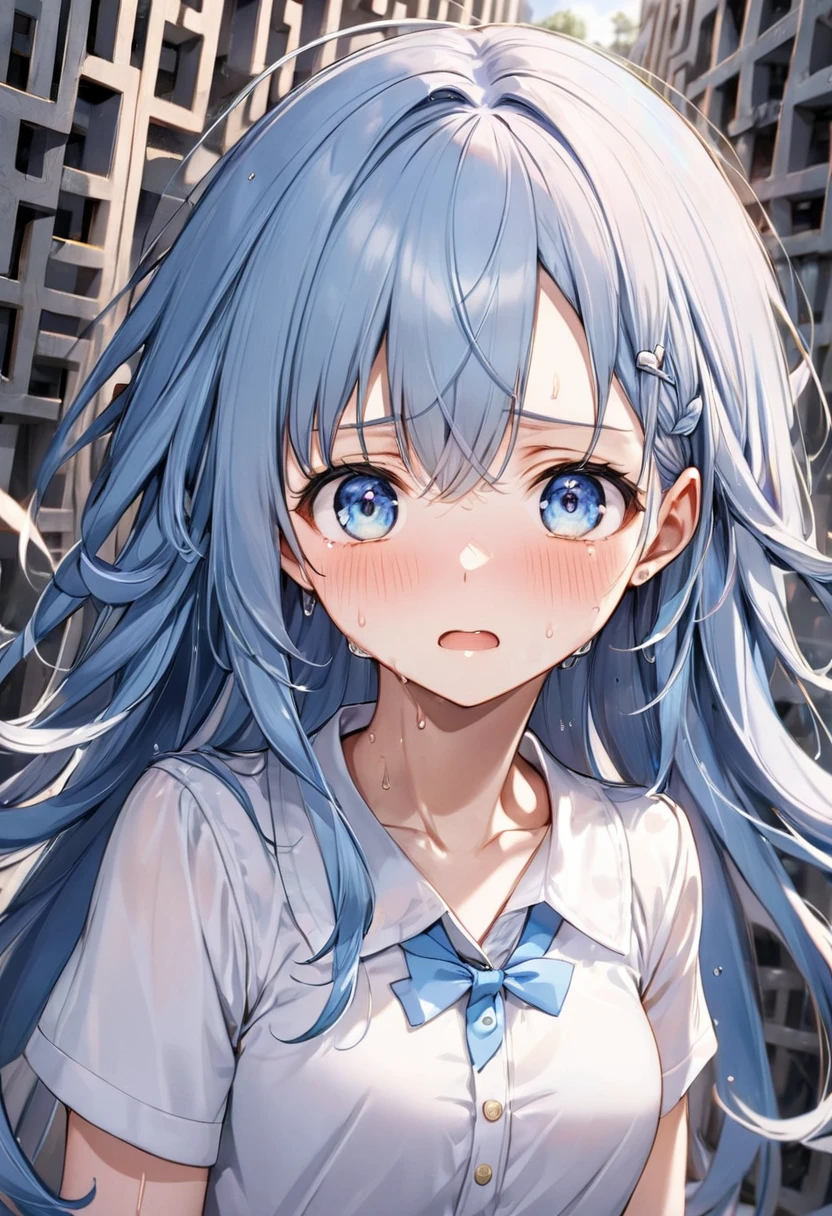 (Maze of Chaos style), (Be confused), (soro:2, 15 yo, forehead blue hair long hair cute girl, lovely blue eyes, confused face, sweaty skin), in a summer Neat blouse, BREAK, perfect anatomy, masterpiece, best quality, 16k, beautiful detailed fear, daydreaming expression.