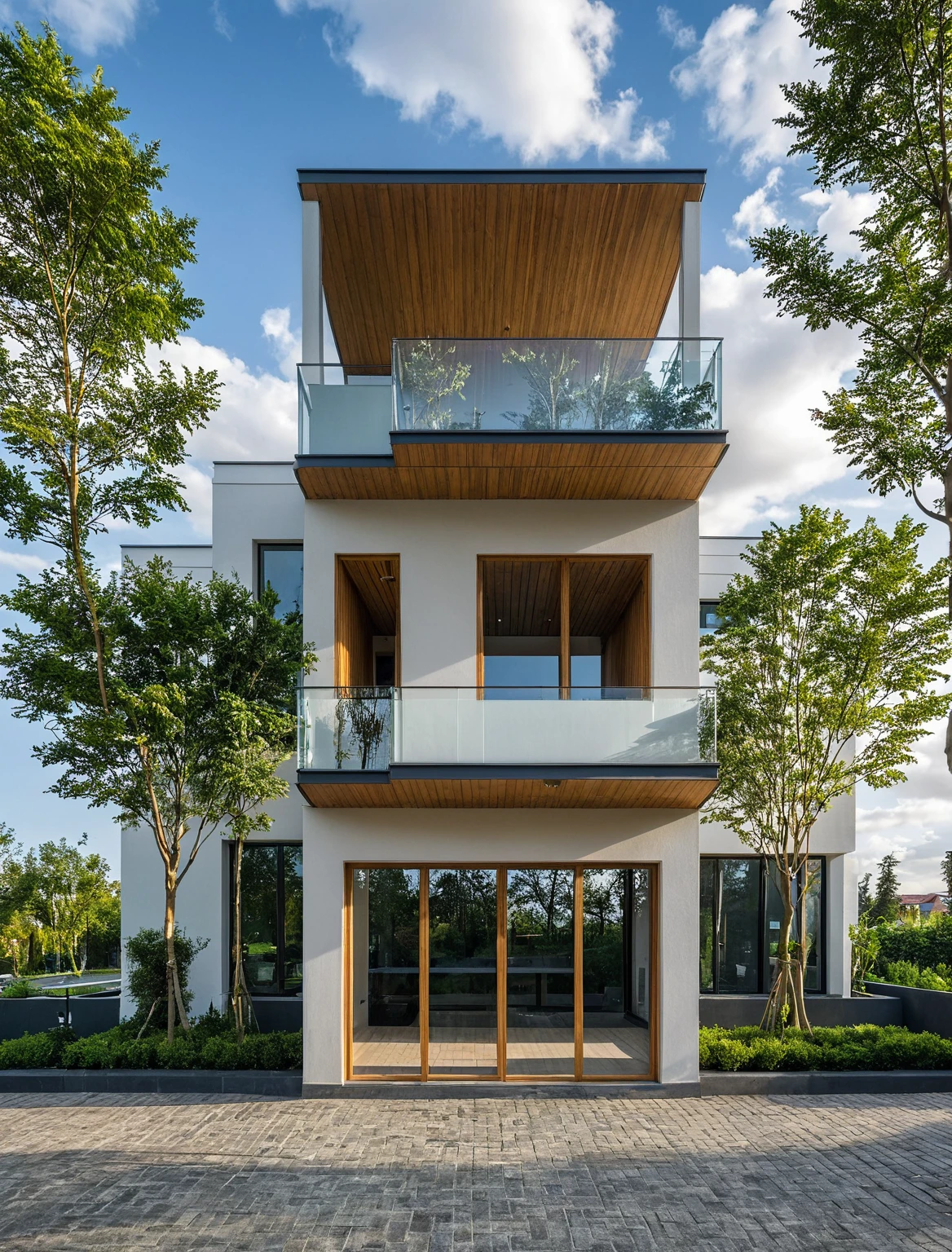 Raw photo,Masterpiece, high quality, best quality, authentic, super detail,
exterior, outdoors, house style modern on the street, glass windows, gate, wooden ceiling,
road,pavement, trees, sky, cloud, (daylight:1.1)