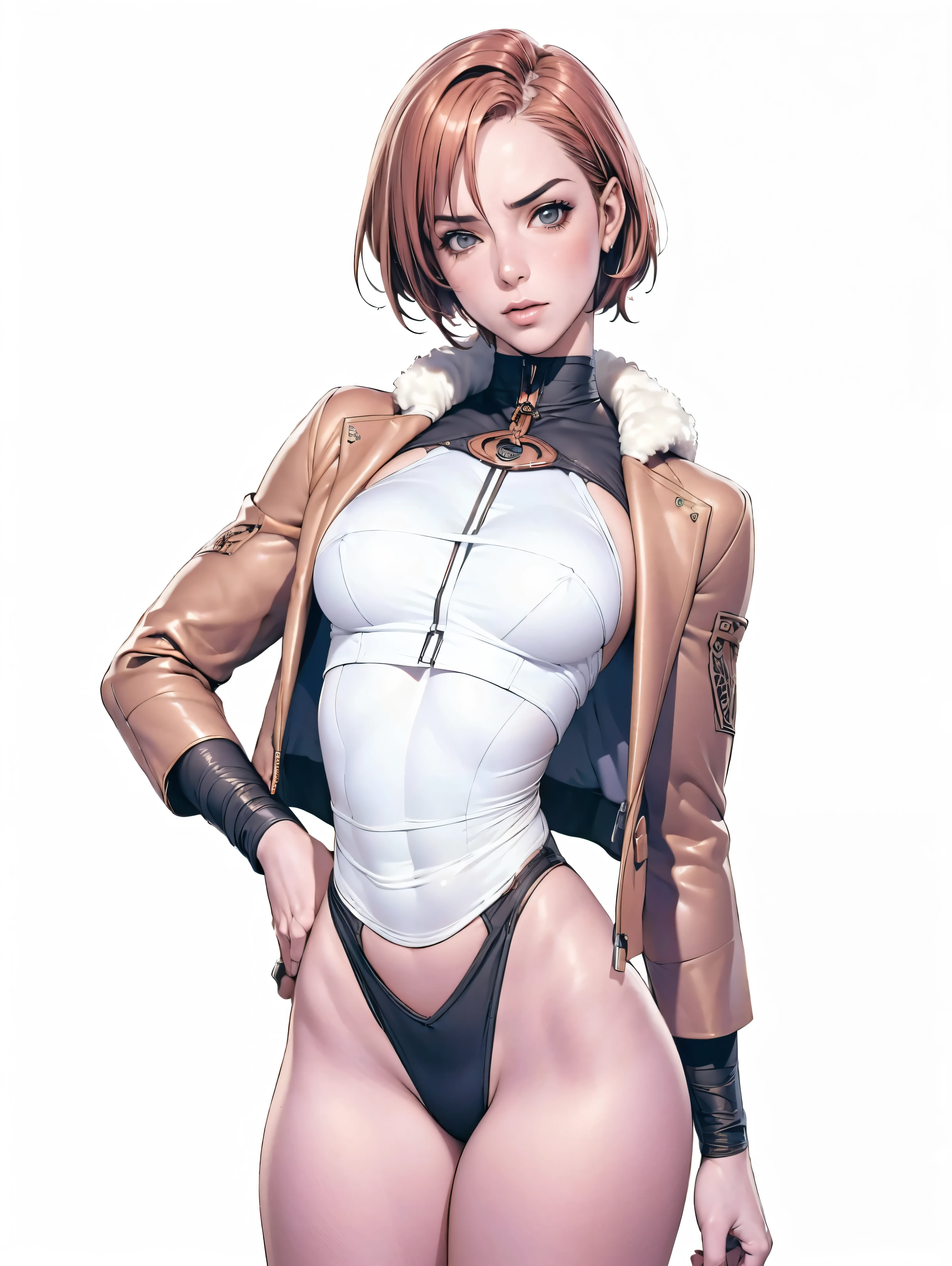 (((Annie Lennox))), (((copper color suit))), (scars), (((bandaged arms))), (((Copper-colored clothes))) ((fur hood)), (((best qualityer: 1.4))), (Unbeatable masterpiece), (hiper HD),(CG 8k hyper-realistic), (((brave face))), (((breasts big))), (((hyper feminine))), sexly girl, black tattoo,(ultra short red hair with white highlights)), ((( sculptural body ))), (((1 Kizi))), Kizi tatuada de 25 anos com perfectbody,,Beautiful and well-groomed face,muscular body:1.2,solid color detailed jacket, (Head to thigh photos), Complex equipment, copper,Tight clothes,With white stars and off-white stripes,,,,,Armor Metal Electronic Parts, Poison tattoos ) INFO, Kizi, (((standing alone))), pirralha violent, ((())), sexly, pose de atitude, work of art, post-apocalypse, (((manga style))), bounty hunter, violent, Manic, the way you want, perfect body, roupa moderna, advanced technology, Pleated mini skirt with checkered pattern in red and black, fur collar jacket, sleeves with vertical striped pattern, neutral background, (( cowboy shot )). intricate visual, narrow waist, (((wide hips))), fit thighs, thigh gap