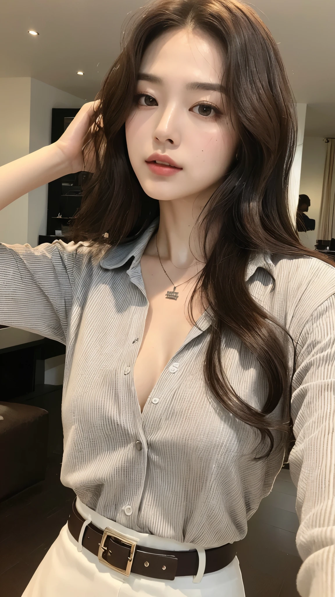 (best quality, high resolution, masterpiece :1.3), Tall and pretty woman, slim abs, Dark brown hair in loose wave style, chest, wearing pendants, White button-up shirt, belt, black skirt, (modern architecture on background), Delicately expressed details, including face and skin texture, detailed eyes, double eyelid