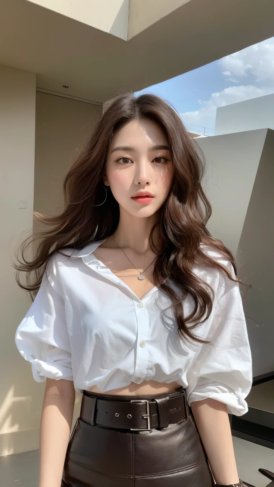 (best quality, high resolution, masterpiece :1.3), Tall and pretty woman, slim abs, Dark brown hair in loose wave style, chest, wearing pendants, White button-up shirt, belt, black skirt, (modern architecture on background), Delicately expressed details, including face and skin texture, detailed eyes, double eyelid
