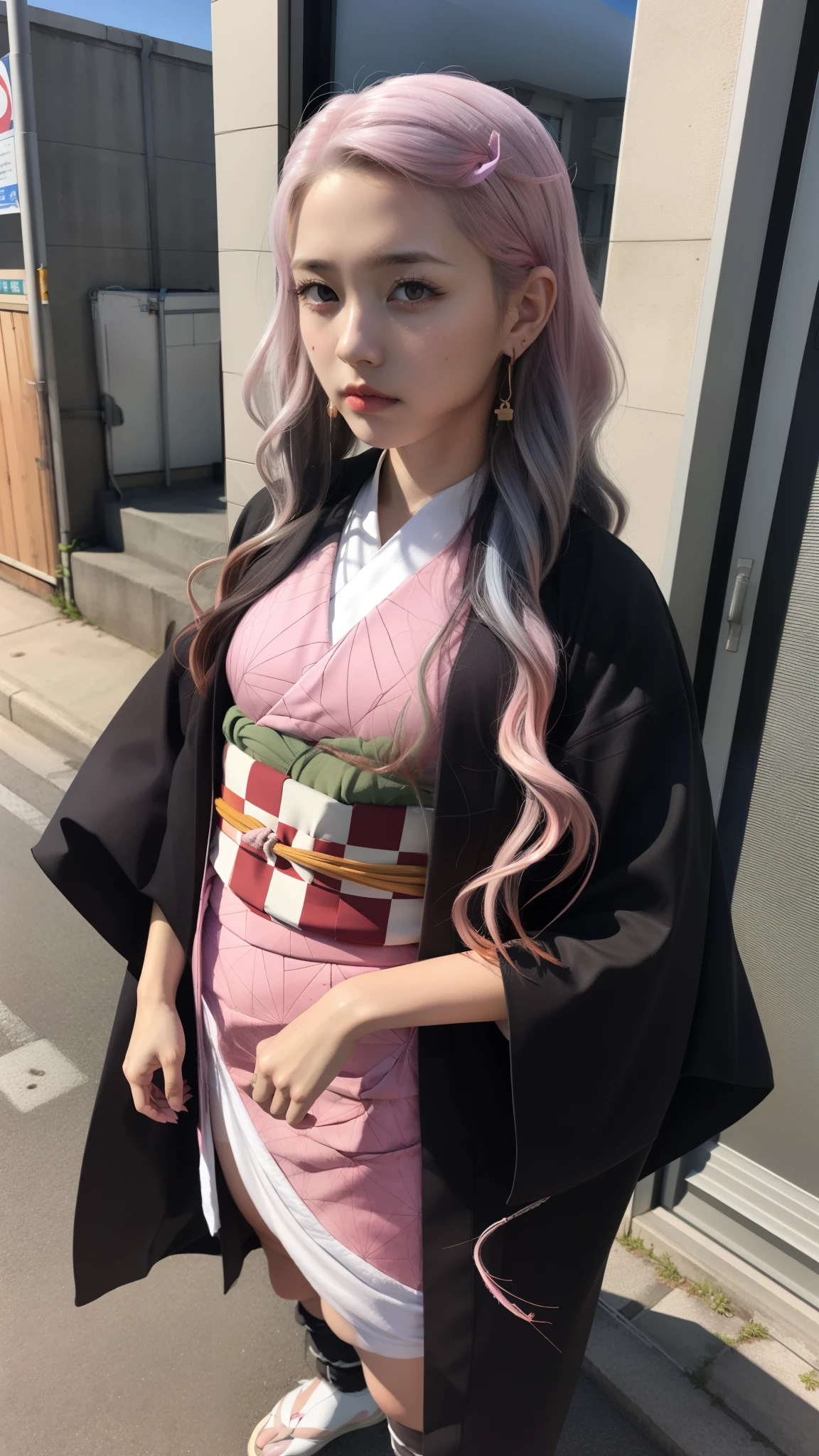Cute Japanese woman, (), (Very cute face: 1.3), White and moisturized skin,
BREAK,
Fighter, Kung Fu fighter, Idol,
BREAK,
(Wearing cute kimono: 1.3), (Very revealing kimono), Very large earrings, Short length,
BREAK,
(Long hair), (Gray hair), (Wavy hair), (Gradient pink hair: 1.3), (Red hair at the ends),
BREAK,
(Realistic: 1.3), Masterpiece, Perfect lighting, (Ultra high resolution), (8K), (Very detailed: 1.4), (From the front), Looking at the camera, Melancholic expression, (Full body),
BREAK,
(Japanese city streets: 1.2), (Great fire in the background),
BREAK,
(Demon Slayer: 1.4),
BREAK,
(Hellfire: 1.2), Demon,