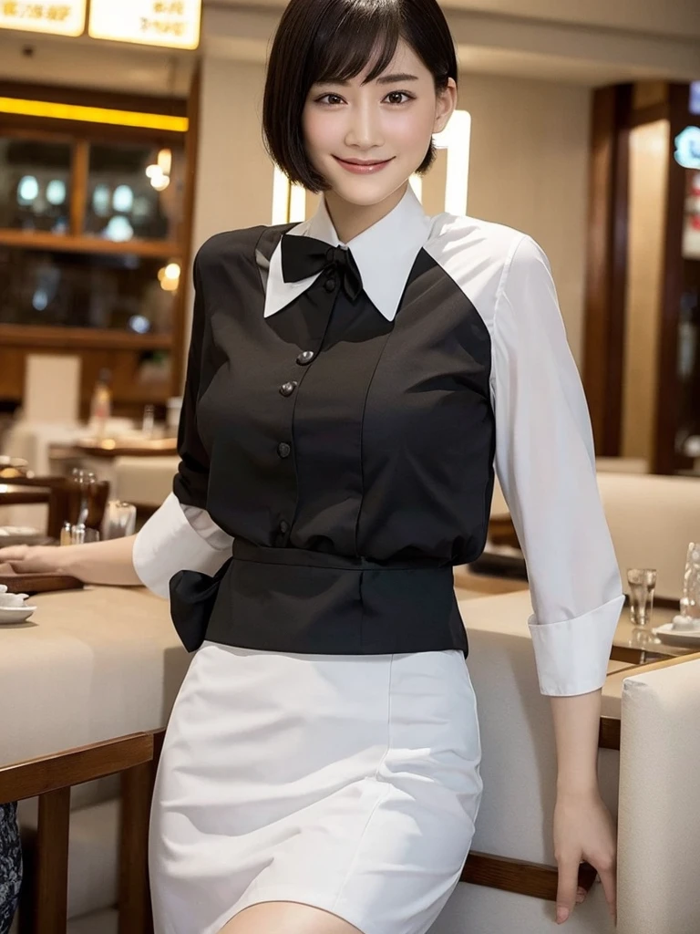 Highest quality、masterpiece、8K、Very detailed、Realistic、One person、Looking at me with a smile、whole body、Big Breasts、Erect nipples、Thin and beautiful legs、Tight and slim waist、Waitress uniform with buttons and collar