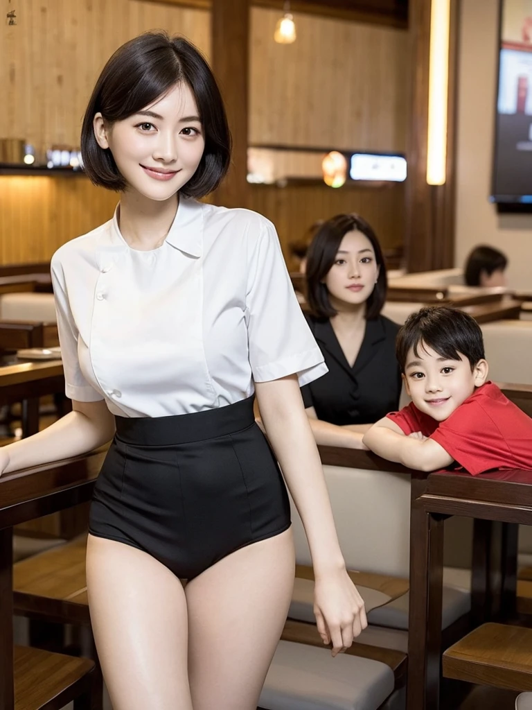 Highest quality、masterpiece、8k、Very detailed、Realistic、One person、Looking at me with a smile、whole body、Black Hair、Short Hair、Small face、Slender、Big Breasts、Thin and beautiful legs、narrow and constricted waist,、(Family Restaurant Uniforms:1.2)