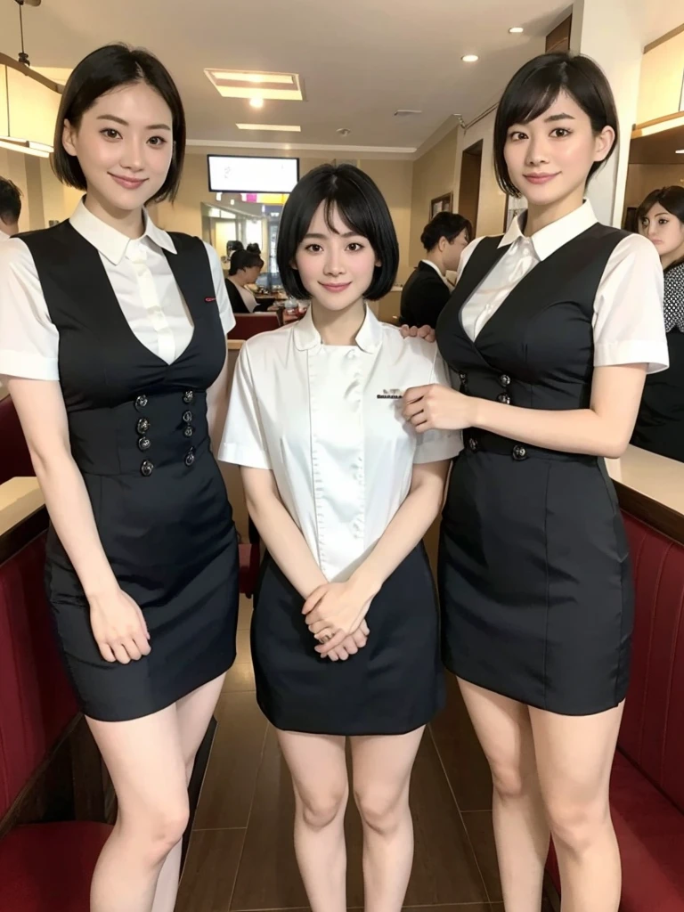Highest quality、masterpiece、8k、Very detailed、Realistic、One person、Looking at me with a smile、whole body、Black Hair、Short Hair、Small face、Slender、Big Breasts、Thin and beautiful legs、narrow and constricted waist,、(Family Restaurant Uniforms:1.2)