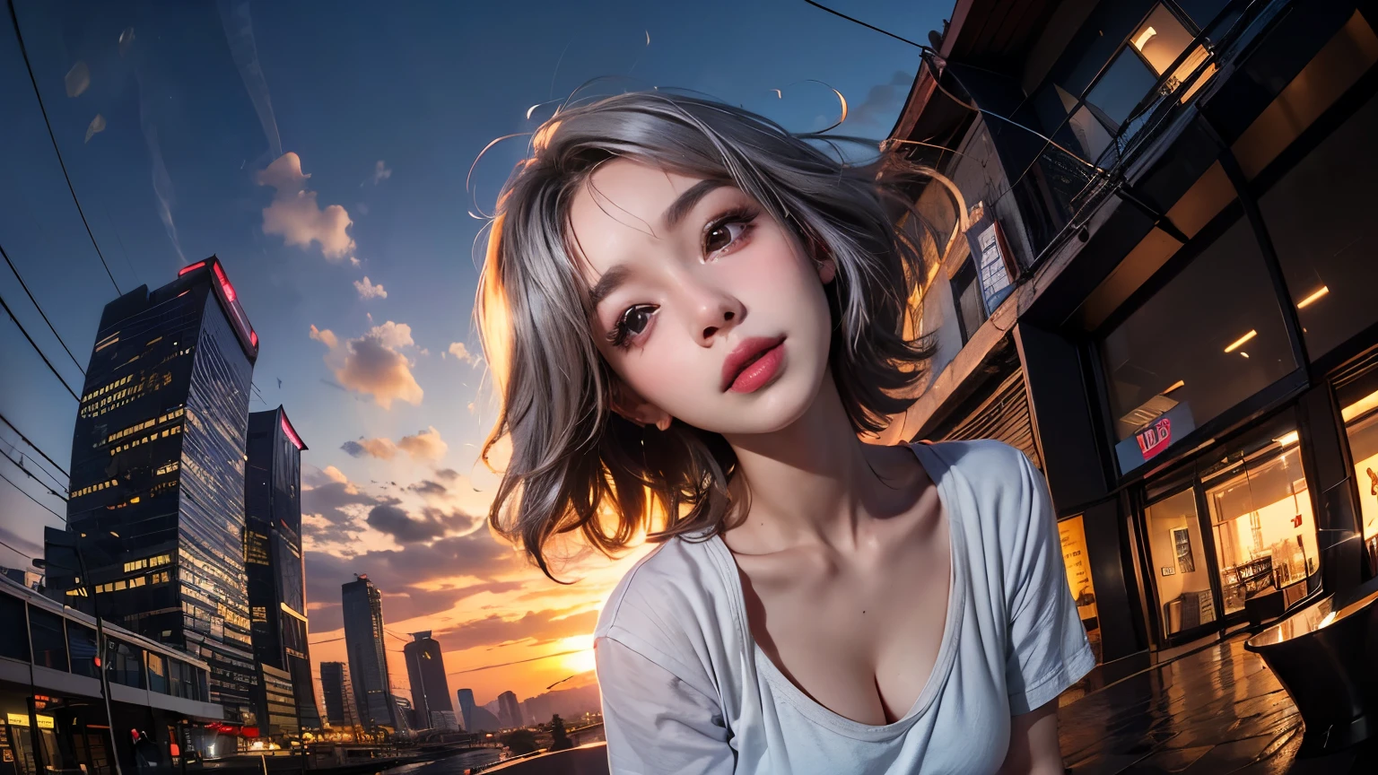 xxmixgirl,One Girl, Fisheye Lens, Selfie, Wind, Messy Hair, sunset, Cityscape, (Aesthetics and atmosphere:1.2), Gray Hair,smile, Film Girl, Short top shirt, Open your chest wide, 