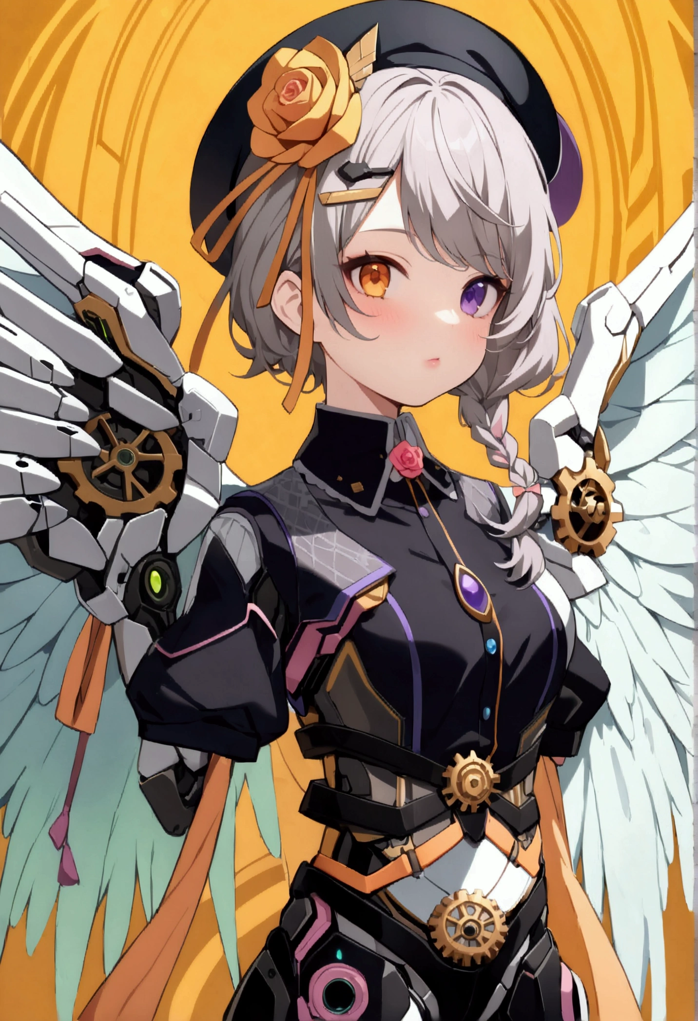 woman 165cm tall, slim build, , charming look, ((heterocromia: look like, derecho naranja y look like izquierdo violeta)), (Shoulder Length Wavy Gray Hair, a short braid on the left side of the hair, big open bangs, golden gear hairpin in hair), (((complex mechanical legs up to the hip, The legs are black with gray parts with small pink details))), (((complex mechanical arms up to the elbows, The arms are black with gray parts with small pink details))), (complex white mechanical angel wings with pastel green parts), (elegant black French beret with an orange rose ribbon), (elegant short collar button down shirt, shorts with small gear decorations, short sleeves, elegant black belt with orange parts, small rose brooch in the middle of the bust, beautiful mechanical stiletto heels), (((character design sheet: Front view))), (((Whole body))), extremely detailed beautiful hair, beautiful detailed clothing, extremely detailed arms, extremely detailed face, (Extremely detailed hands), perfect hands, small face, hermosos look likes detallados, beautiful detailed lips, adorable, extremely detailed legs, (Best Quality, 8k, ultra resolution), ultra detailed, Exquisite and epic character art, ((Pastel brown background)), (Focus on symmetry), (extremely detailed wings).