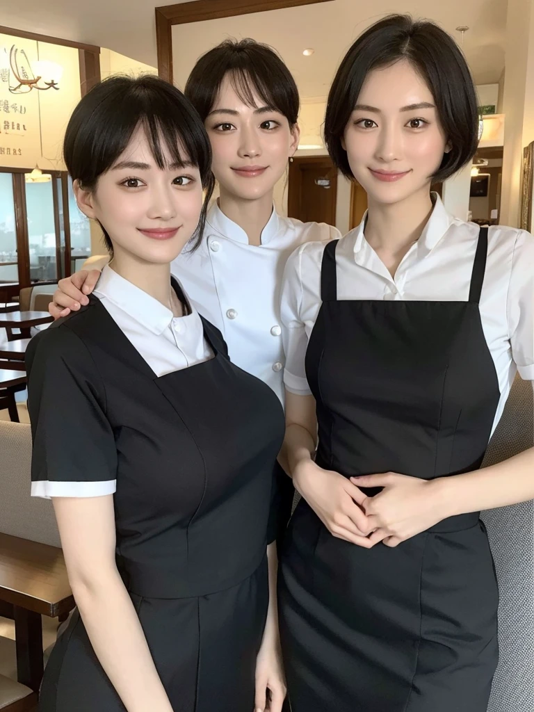 Highest quality、masterpiece、8k、Very detailed、Realistic、One person、Looking at me with a smile、whole body、Black Hair、Short Hair、Small face、Slender、Big Breasts、Thin and beautiful legs、narrow and constricted waist,、(Family Restaurant Uniforms:1.2)
