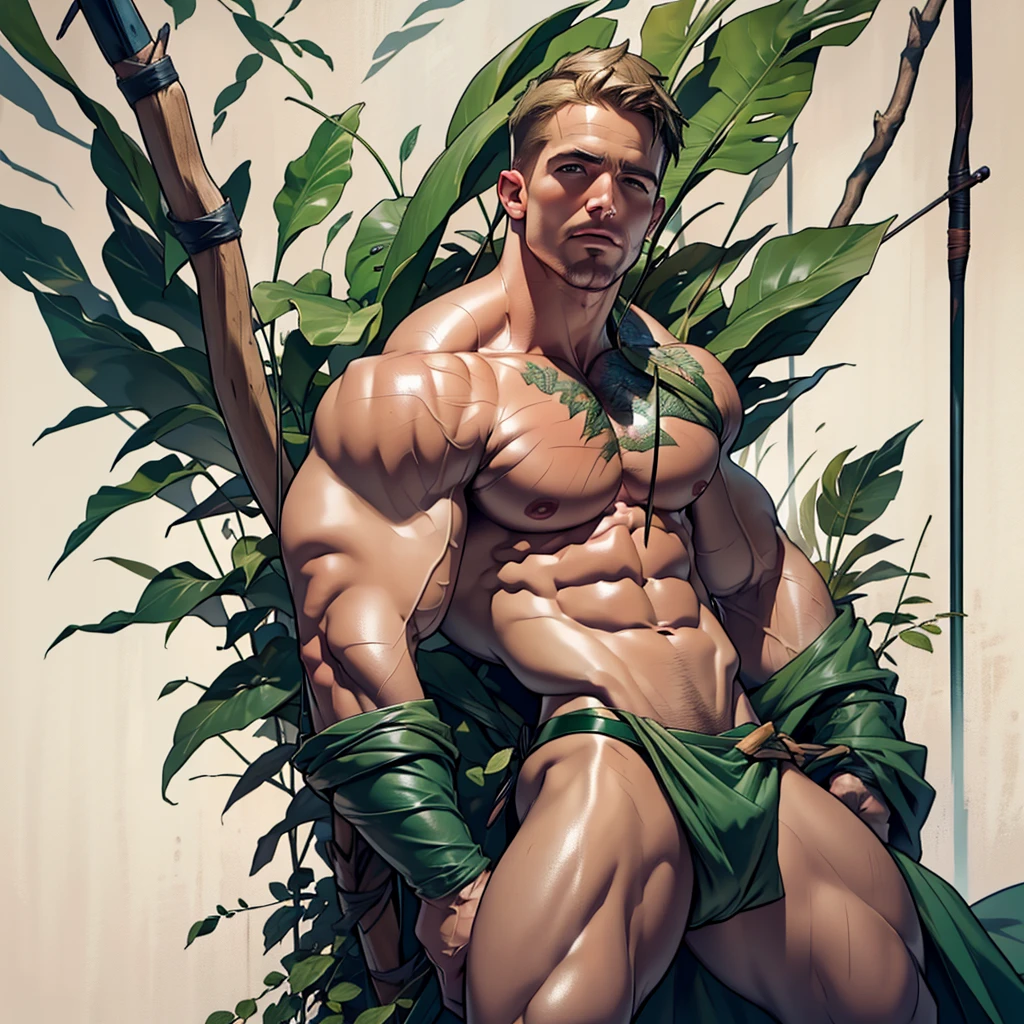 NSFW , 32k, high quality , detailed face , detailed fingers ,detailed muscles, detailed cock , (((stephen amell))) as green arrow , totally naked , no cloth, showing balls and a hard cock, , showing a dark blond short hair , a thick facial hair , hard nipples, ,hunk and handsome, shooting with his bow and arrow toward the enemy , with the quiver on his back full of arrows , spread legs 