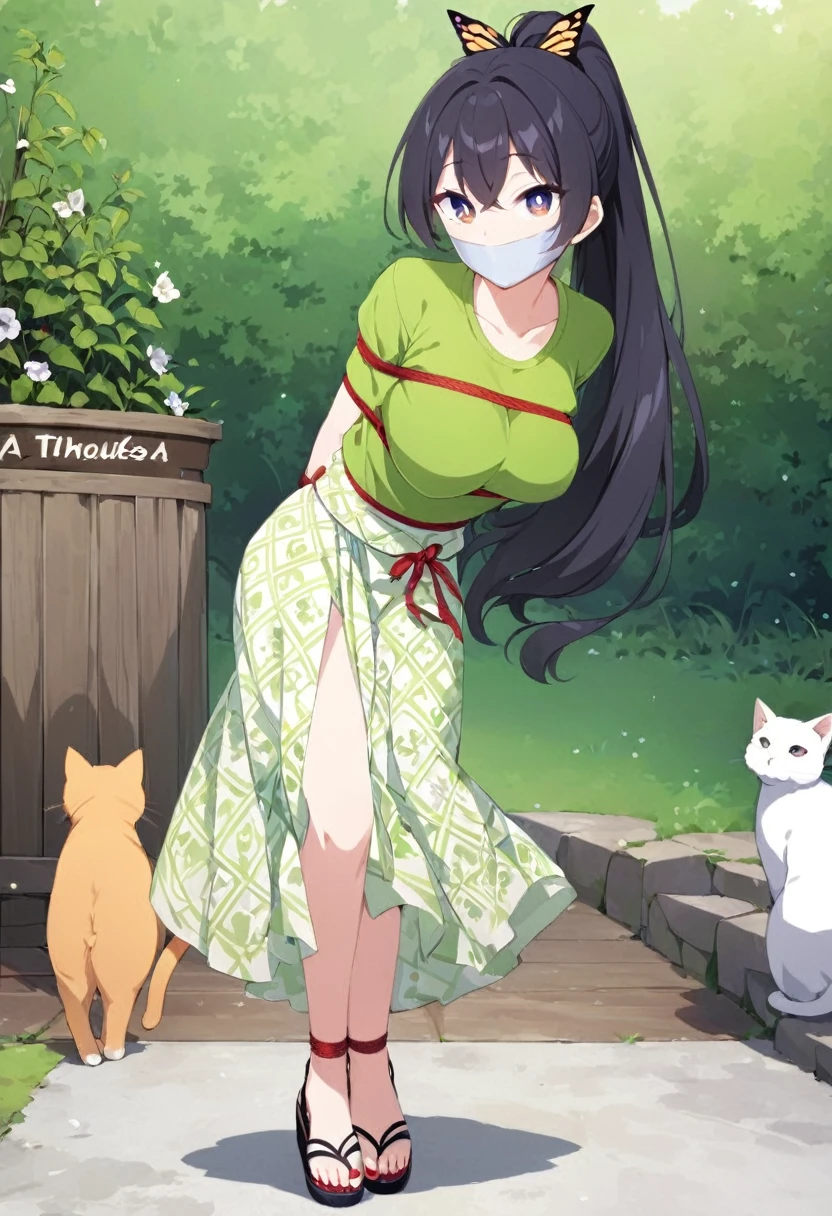 score_9, score_8_up, source_anime, 1girl, solo,The photo shows a young person standing outdoors,  They are smiling and wearing a green t-shirt with a design featuring a cat and text, paired with a patterned purple sarong or long skirt and sandals. The background appears to be a garden or a green outdoor area..(bound wirsts), (arms behind back), (tapegag, tape gag), dramatic,  (looking at viewer), (detailed pupils:1.3), ,red rope, thick rope,normal breast,full body ,long hair,black hair,ponytail hair, butterfly hair tie