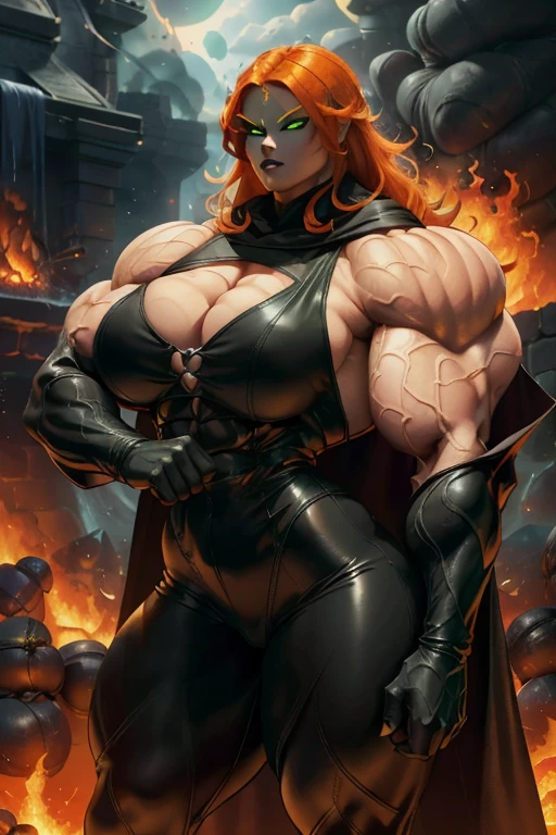 (Close view), muscular woman, (orange hair), long shaggy hair, pale white skinned, evil smirk, (black lipstick), ((massive muscles)), (hyper muscle), ((ginormous bulky muscles)), ((glowing green eyes)), (black leather turtleneck top), (black hooded cloak), ((black leather pants)), (in front of fire wall), (Hot and burning universe:1.3)