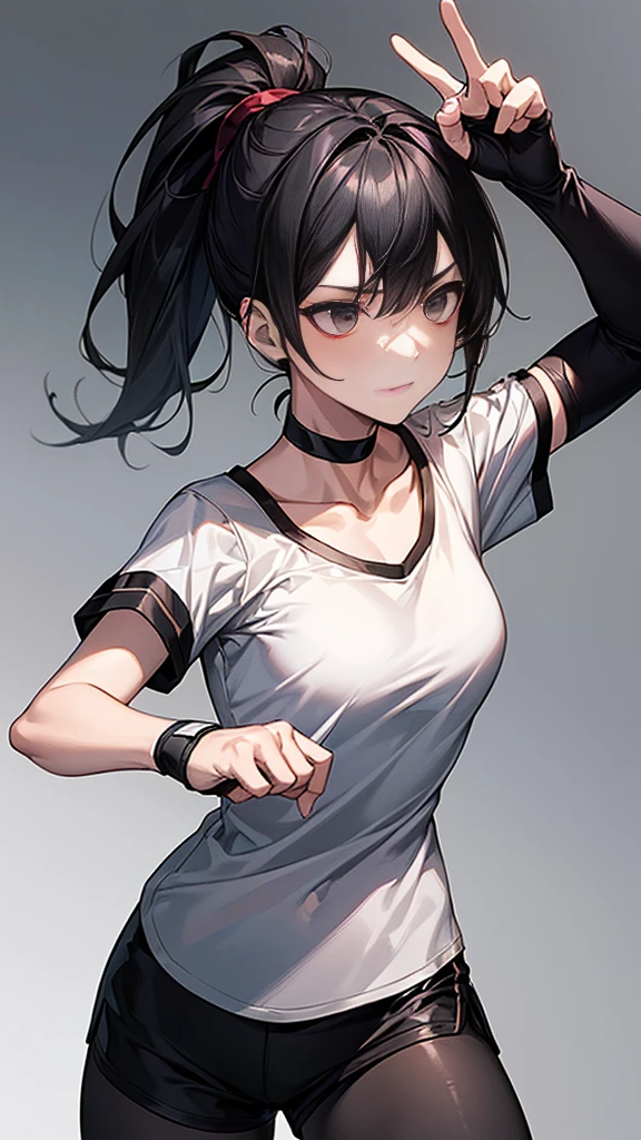 ((Highest quality)), ((masterpiece)), (detailed) {{{Slender female martial arts instructor}}} Shorts {{Décolletage}} White short sleeve T-shirt Mature Woman ((Combat Stance)) Long fingerless gloves Black tights {{Inside the dojo}} Black Hair ponytail ((Leggings with integrated shorts)) clavicle choker