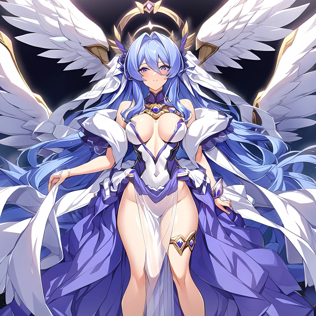 ((Highest quality)), ((masterpiece)), (detailed), （Perfect Face）、The woman is a fine angel who became a member of the Greek goddesses.６An archangel and god with wings and a shining halo above his head.々The wife of Zeus, the king of the gods, the goddess Hera Extella、The woman is the beautiful queen of the one and only god, Zeus, the goddess Hera Axtia. She has medium-long blue hair, an engagement ring, and is wearing only a see-through feather robe and luxurious accessories. She is an elegant goddess and a beautiful queen of the gods.