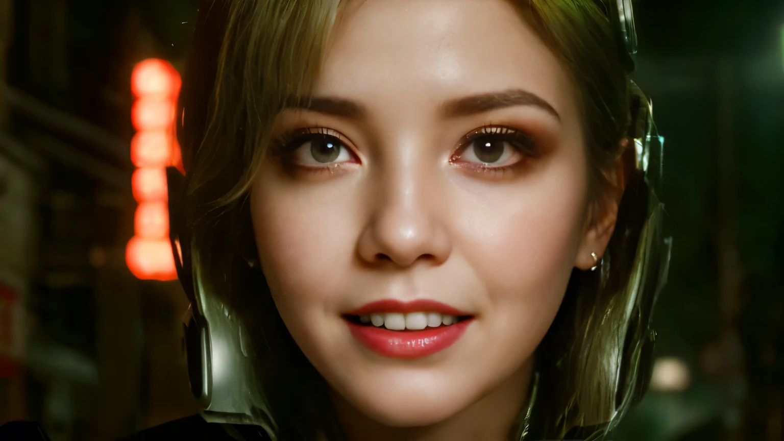big eyes, proportional lips, red iris, female android, short green tied hair, , villain, she is coming to you, up close, china town, lightning, bright eyes, wearing a cyber clothes, wires, leds, (up close:1.3) blade runner, grin, upper body, large breast, very detailed eyes, melissa sue anderson