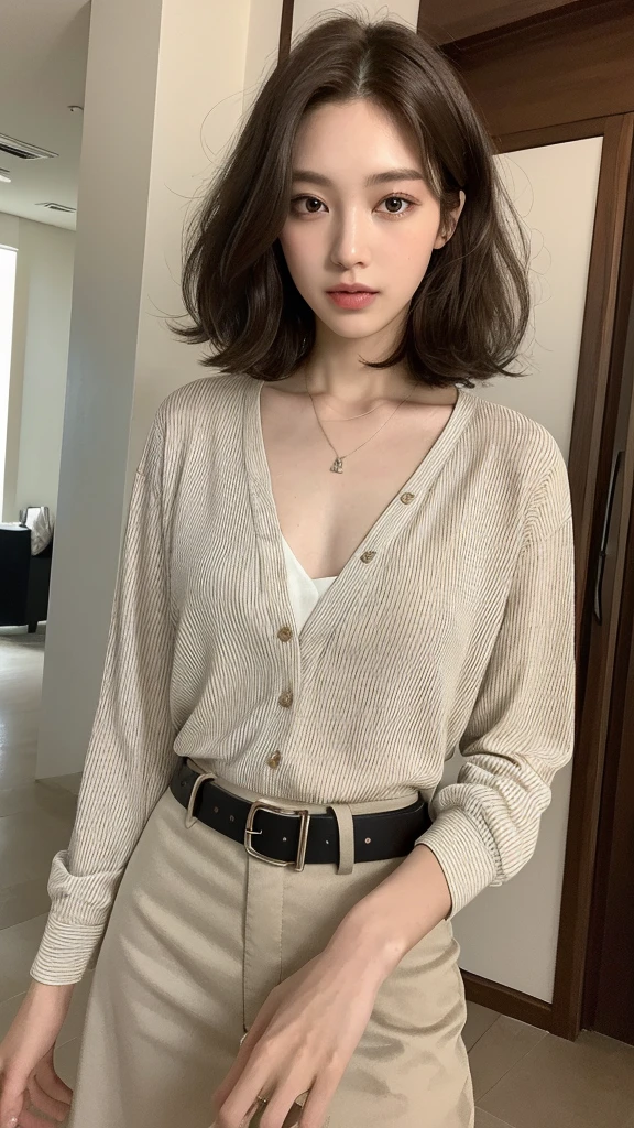 (best quality, high resolution, masterpiece :1.3), tall and pretty girl, slim abs, Loose wavy bob style with dark brown hair, chest, wearing pendants, white button-up shirt, belt, black skirt, (modern architecture on background), Delicately expressed details, face, Including skin texture, detailed eyes, double eyelid, whole body