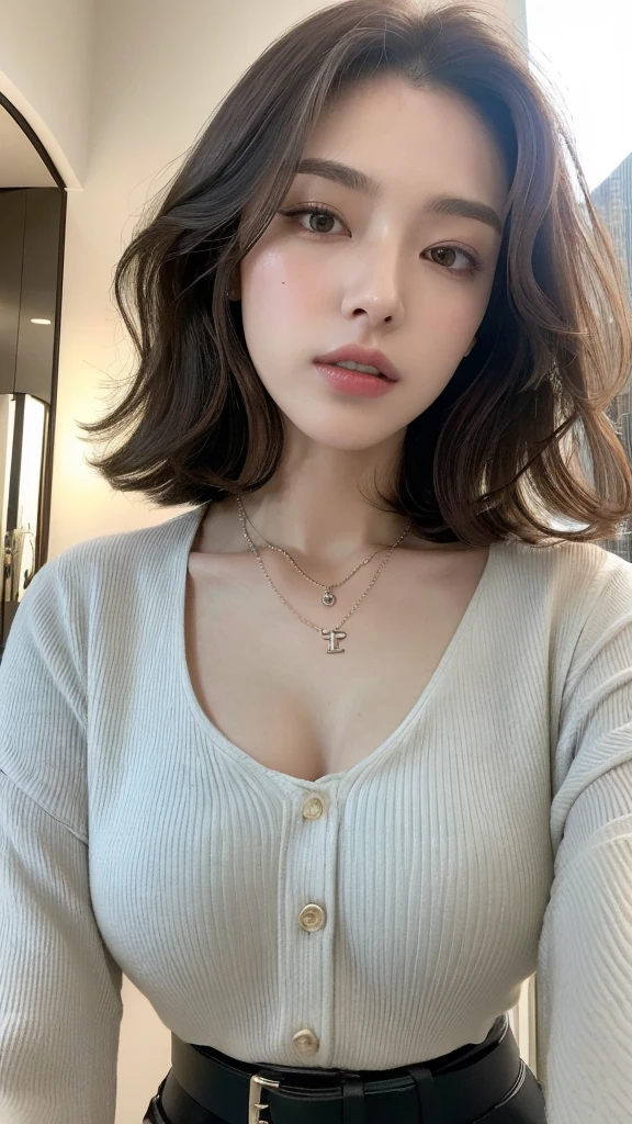 (best quality, high resolution, masterpiece :1.3), tall and pretty girl, slim abs, Loose wavy bob style with dark brown hair, chest, wearing pendants, white button-up shirt, belt, black skirt, (modern architecture on background), Delicately expressed details, face, Including skin texture, detailed eyes, double eyelid, whole body