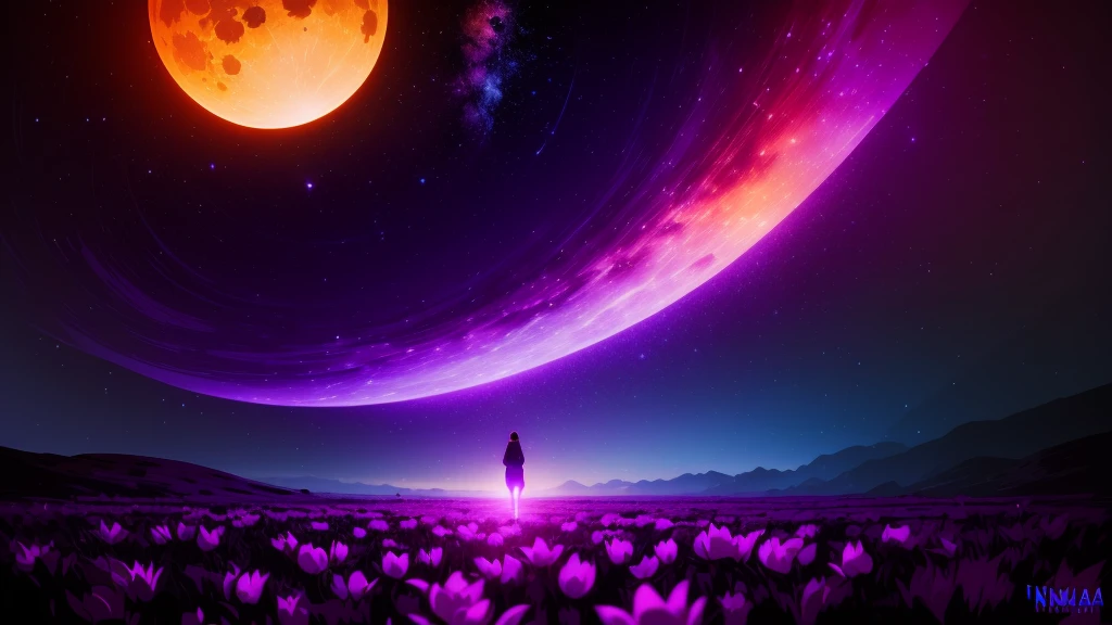 Wide Landscape Photography , (a view from below that shows the sky above and the open countryside below), a girl standing in the flower field looking up, (fullmoon:1.2), ( shooting stars:0.9), (nebula:1.3), distant mountain, tree BREAK production art, (Warm Light Source:1.2), (firefly:1.2), Light bulb, lot of purple and orange, details Intricate, volumetric lighting, BREAKING realism (work of art:1.2), (best qualityer), 4K, ultra detali, (dynamic composition:1.4), highy detailed, colorful details,( Iridescent Colors:1.2), (bright lighting, atmospheric lighting), dreamers, magical, (standing alone:1.2)