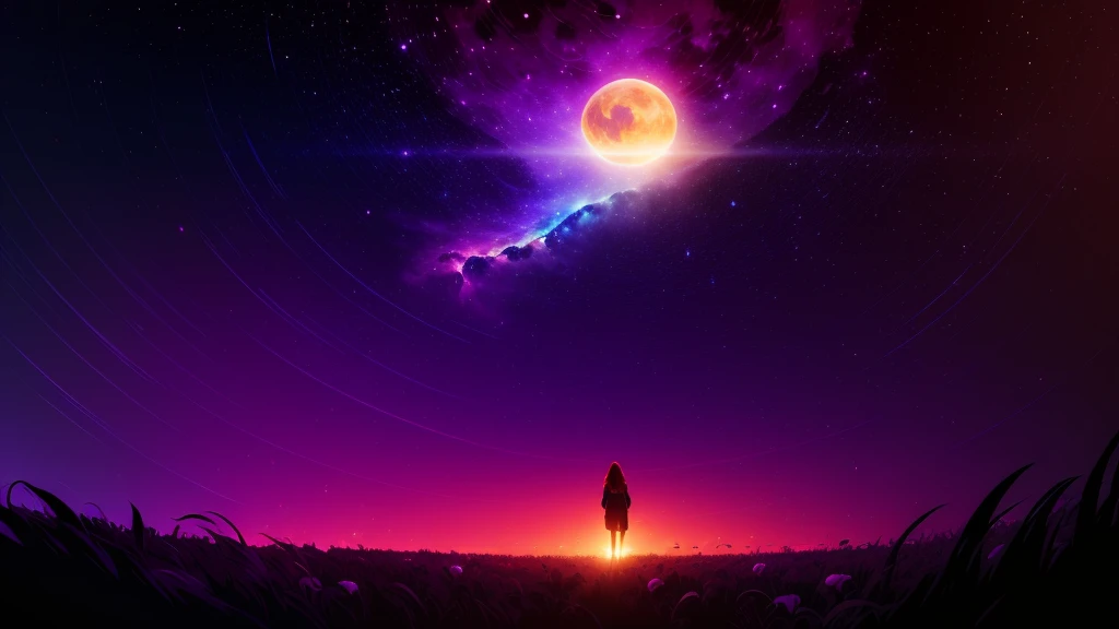 Wide Landscape Photography , (a view from below that shows the sky above and the open countryside below), a girl standing in the flower field looking up, (fullmoon:1.2), ( shooting stars:0.9), (nebula:1.3), distant mountain, tree BREAK production art, (Warm Light Source:1.2), (firefly:1.2), Light bulb, lot of purple and orange, details Intricate, volumetric lighting, BREAKING realism (work of art:1.2), (best qualityer), 4K, ultra detali, (dynamic composition:1.4), highy detailed, colorful details,( Iridescent Colors:1.2), (bright lighting, atmospheric lighting), dreamers, magical, (standing alone:1.2)
