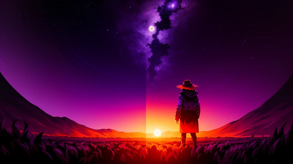 Wide Landscape Photography , (a view from below that shows the sky above and the open countryside below), a girl standing in the flower field looking up, (fullmoon:1.2), ( shooting stars:0.9), (nebula:1.3), distant mountain, tree BREAK production art, (Warm Light Source:1.2), (firefly:1.2), Light bulb, lot of purple and orange, details Intricate, volumetric lighting, BREAKING realism (work of art:1.2), (best qualityer), 4K, ultra detali, (dynamic composition:1.4), highy detailed, colorful details,( Iridescent Colors:1.2), (bright lighting, atmospheric lighting), dreamers, magical, (standing alone:1.2)