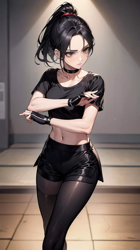 ((Best quality)), ((masterpiece)), ((highly intricate details)),beautiful, high quality, highres, absurdres, light difussion, intricate details, complex details, ((anime)), (anime:1.2) , (perfect face:1.3),colorful, highest detailed, vibrant colors, high contrast, (8K UHD:1.2), (photorealistic:1.2),(masterpiece:1.4), (best quality:1.4),extremely detailed wallpaper, highly detailed illustrations,(super-complex details) , 4K unified, (super-detailed CG: 1.2) , (8K: 1.2),(original), (masterpiece) , (best quality) , (reality: 1.3) , photorealistic, Octane rendering, (surreal: 1.2) ,((masterpiece:1.4, best quality:1.2)),1girl with sharp teeth, visible when a mischievous smile forms on her lips. She wears a tank top with a black jacket and pants, exuding an aura of mystery and power. Her short black hair is messy, adding a scruffy, wild look. His eyes, an intense white without the presence of a retina, emanate an unearthly sensation. Deep dark circles stand out on her pale skin, evidencing her tired and haunted appearance, ((night)), simple background, Dark black background, realistic, full entire body fun pose, render of a cute anime girl, modeled in poser