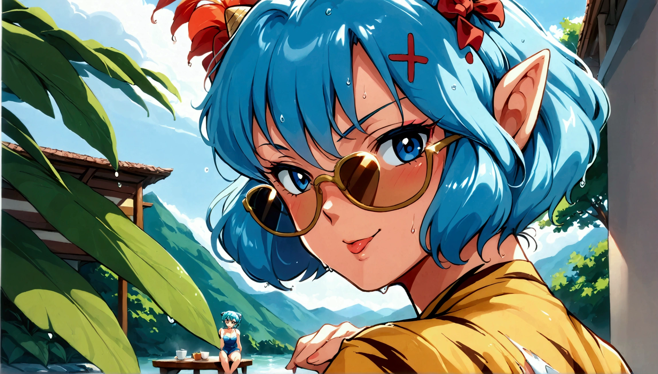 score_9, score_8_up, score_7_up, 1980's style, JK, retro, source anime, flat color, illustration. lum, blue hair, blue eyes, (tiny horns), pointy ears, aqua hair, eyeshadow, 1girl, solo, cute, aviator sunglasses, aviator glasses, big perky breasts, (dramatic lighting), cute girl, sweaty, blush, blushing, makeup, teasing smile, licks lips, horny, drunk, angry. Clothes: chinese_clothes, (red tangzhuang), tight tiger-stripped jean shorts with frayed edges, cut off tiger-stripped_ jean_shorts, tiny jean shorts, ripped jean shorts on ass, torn jean shorts anus, cropped red tangzhuang, (unbuttoned), bottomless, yellow tiger-stripped thigh boots, dressed slutty. Background: street cafe, cafe on roof, sitting next to table, big window, high floor, on_water, (wet:1.3), lake, nature, mountain, outdoors, sunset, angry, looking at viewer, from below. Pose: spread legs, leaning back, dynamic posing, showing ass to viewer, facing away, Expressiveh, from below, from side, elegant, erotic, sensual, mature, (from the side, booty up, ass up, doggy style).