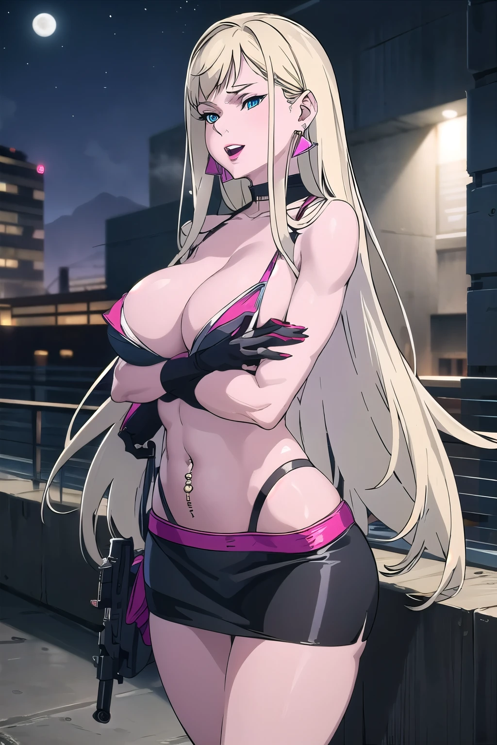 1girlgigi, large breast, ear piercing, long hair, blush, lipstick,Hot girl, baddie, staring, glaring, bad attitude, mean girl, dare, angry, hate, crazy, smoking, sensual, attractive ,fur trim, mature female, gloves, fur-trimmed coat , outdoors, rooftop, cityscape, building, railing, night, night sky, scenery, moon, city lights, gloves, masterpiece, best quality, highly detailed, a girls with a gun, open mouth, blazer, sexy gaze, (nsfw) not
safe for work, badass pose , evil smile, smile, black bra, anime girl with long hair, long haired girl,
navel, evil expression, exposed belly, exposed navel, exposed midriff, exposed lower belly, micro
miniskirt, micro pencil skirt, pencil skirt ,holding a gun, holding pistol, navel piercing