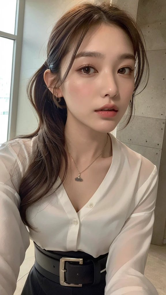 (best quality, high resolution, masterpiece :1.3), tall and pretty girl, slim abs, Dark brown hair with loose wavy ponytail style, chest, wearing pendants, white button-up shirt, belt, black skirt, (modern architecture on background), Delicately expressed details, face, Including skin texture, detailed eyes, double eyelid, whole body
