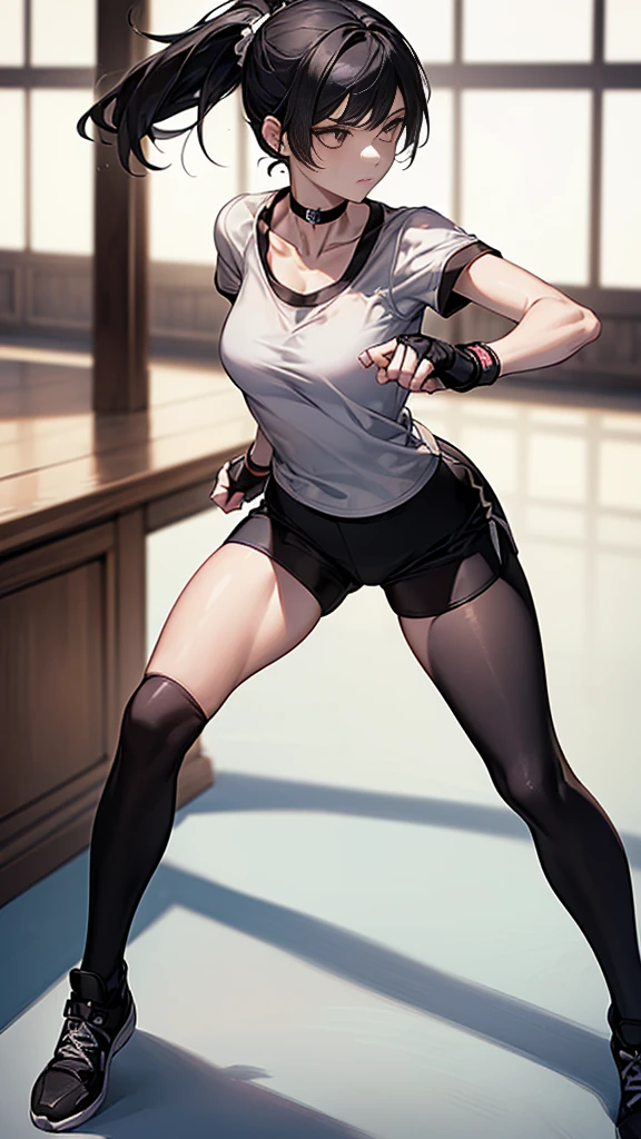 ((Highest quality)), ((masterpiece)), (detailed)　｛{{Slender female martial arts instructor}}｝　Shorts　{{Décolletage}}　White short sleeve T-shirt　Mature Woman　((Combat Stance))　Long fingerless gloves　Black tights　{{Inside the dojo}}　Black Hair　ponytail　((Leggings with integrated shorts))　clavicle　Choker Armpit