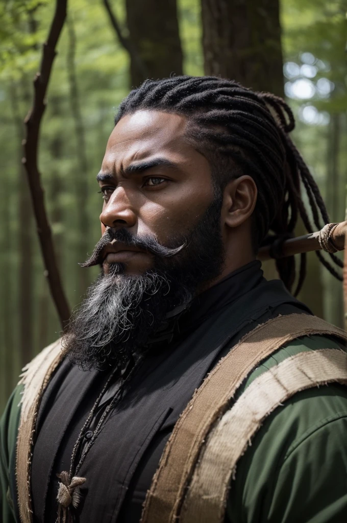 a Black man, stark, with beard, like you wear indigenous green, scratch on the head, hunting with bow and arrow in hands, with a brave expression on his face, in the background a forest