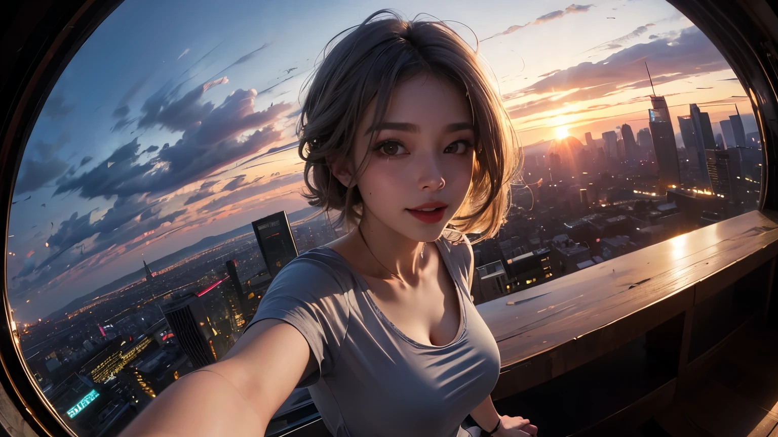 xxmixgirl,One Girl, Fisheye Lens, Selfie, Wind, Messy Hair, sunset, Cityscape, (Aesthetics and atmosphere:1.2), Gray Hair,smile, Film Girl, Short top shirt, Open your chest wide, 